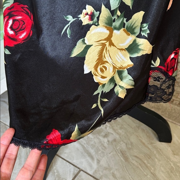 Cinema etoile VTG 🌺 black satin boho romantic floral lace maxi slip dress L​ - Picture 10 of 14